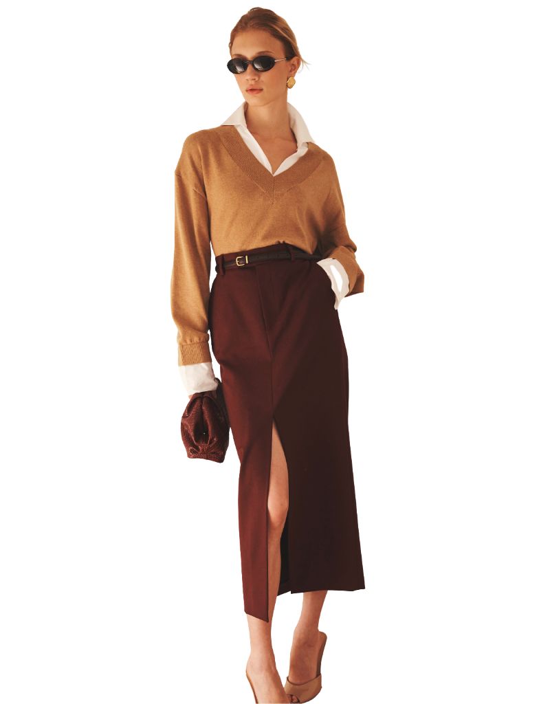 Cotton Cashmere Mixed Media V-Neck Raffia