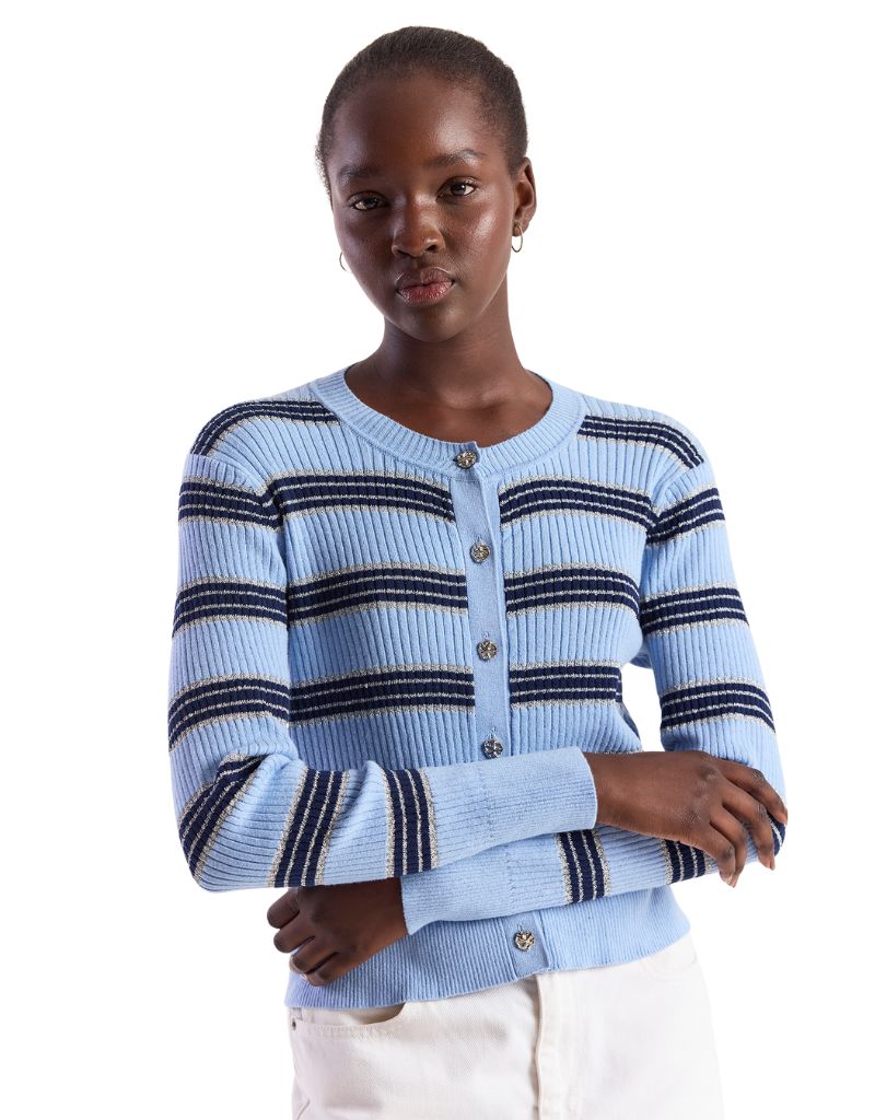Wispr Stripe Rib Cardigan Skyline Navy Silver Lurex