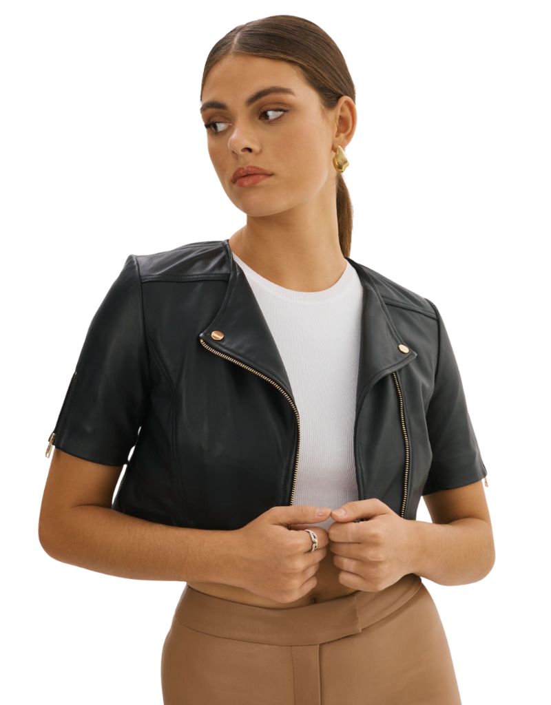 Kirsi 21 Leather Crop Jacket Black Gold Hardware