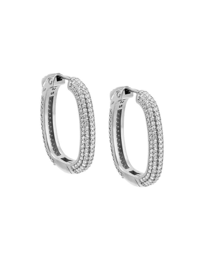 E81463-SIL-960 Large Pave Oval Shape Hoop Earring Silver