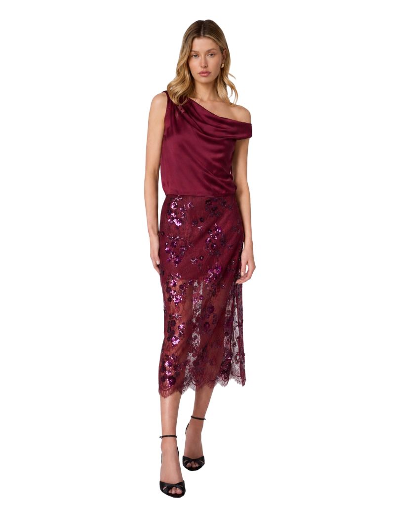 Aylin Sequin Lace Midi Skirt Syrah