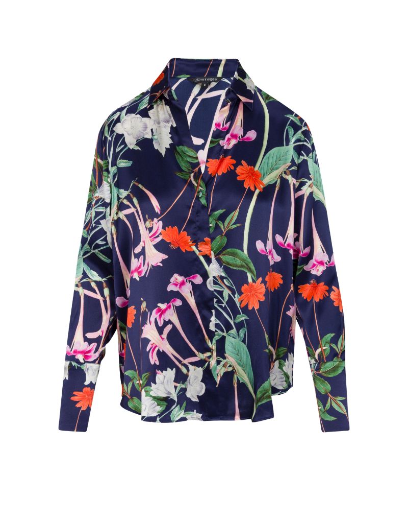 Daria French Cuff Silk Blouse Midnight Bloom