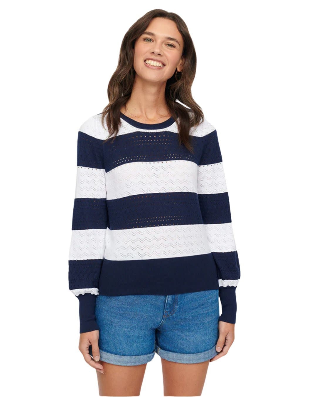 Mia Button Detail Pointelle Crew Navy Snowdrop