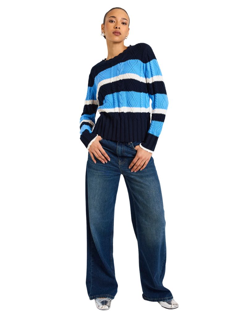 Wispr Cora Cable Stripe Crew Navy Blue Ivory
