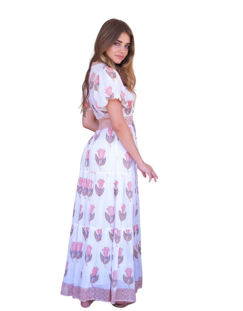 Molly Maxi Dress Gold Embroidery Peach Tulip 7