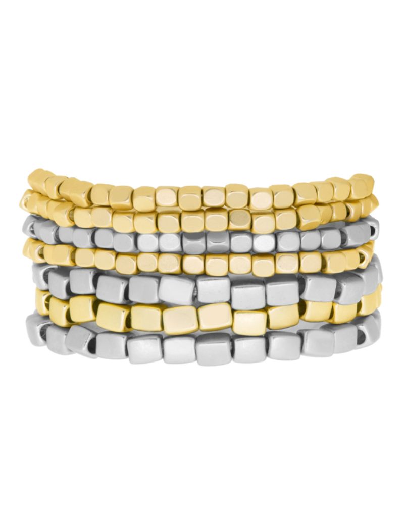 6905B Matte Gold Matte Silver 7 Strand Metal Beaded Bracelet Set