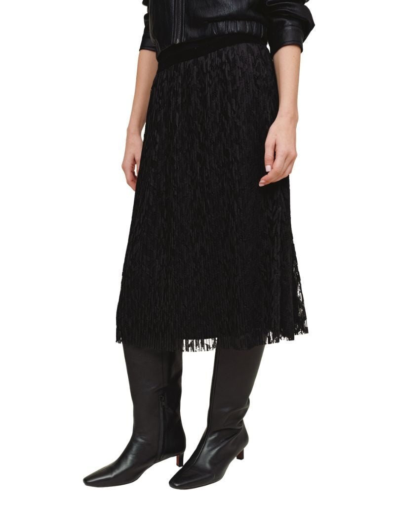 Pleated Lace Skirt With Velvet Waistband Black