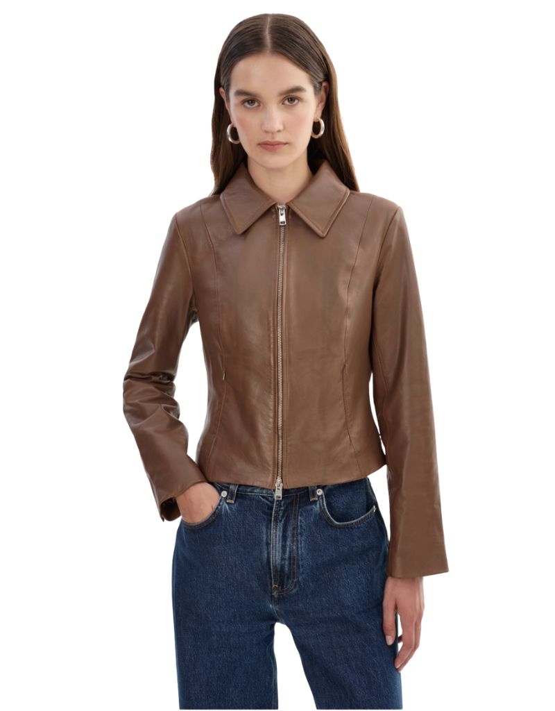 Sally Leather Biker Jacket Tan Heather Grey