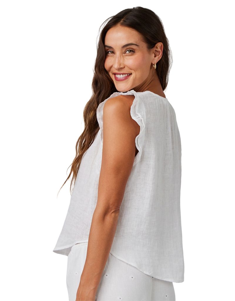 Ruffle Sleeve Tie Neck Top White
