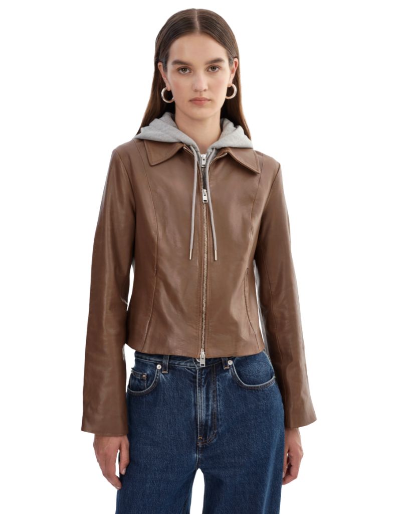 Sally Leather Biker Jacket Tan Heather Grey