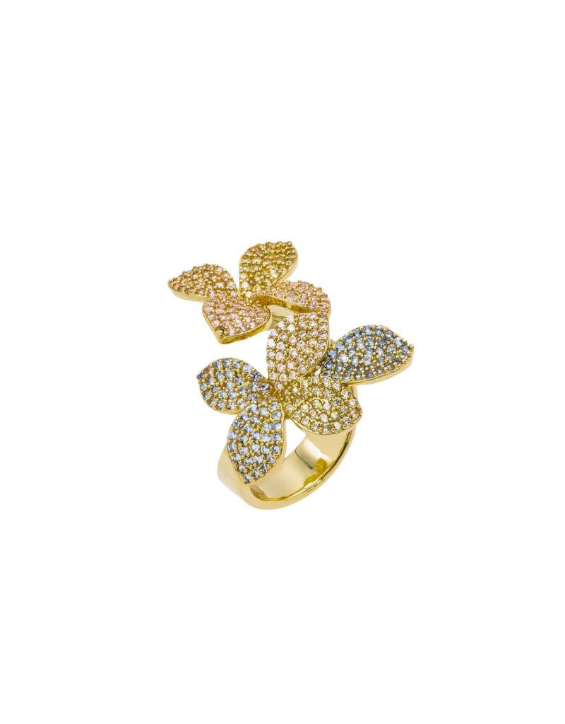 R94007-BRGLD Pastel Pave Fancy Flower Ring Multi Color Size 7