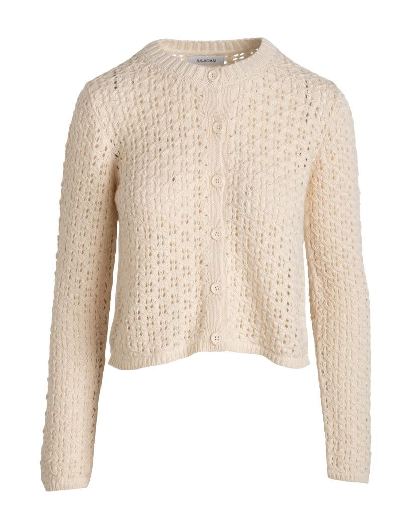 Pima Cotton Artisanal Stitch Crewneck Cardigan Ivory