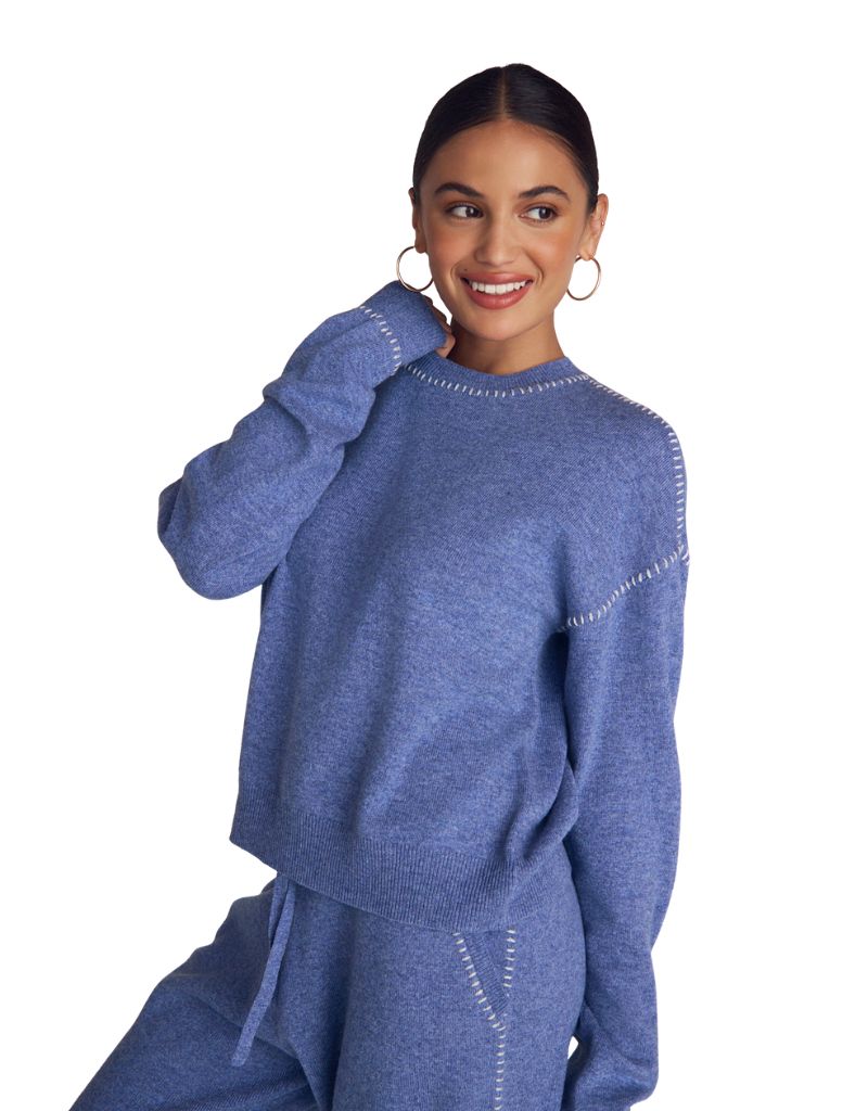 Whip Stitched Crew Neck Sweater Heather Blue