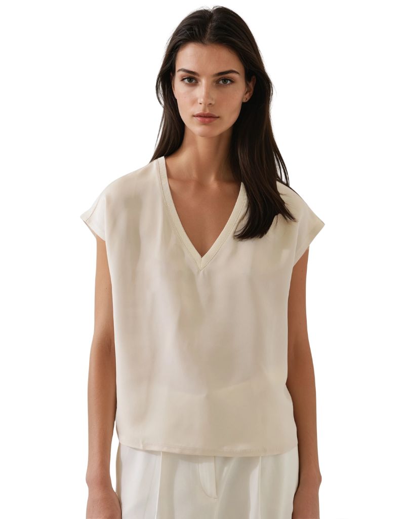 Silk V-Neck Dolman Sleeve Tee Ecru