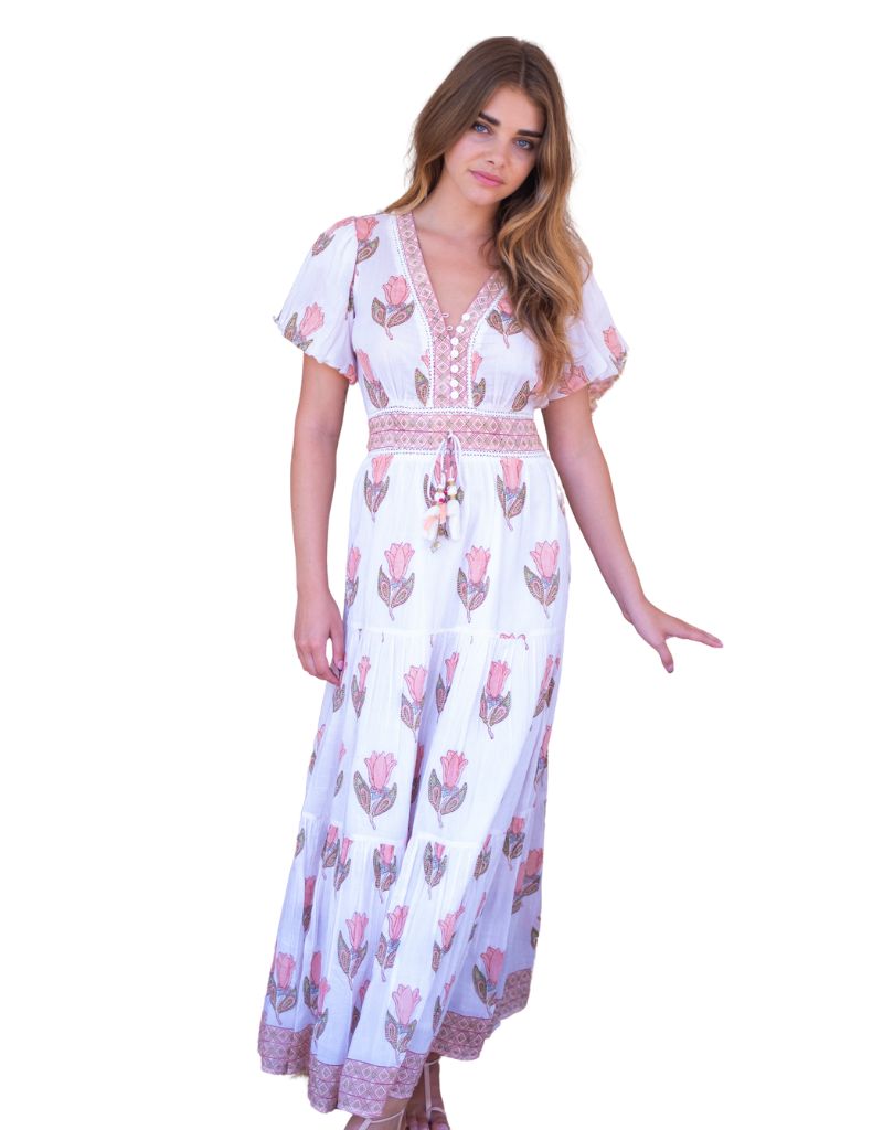 Molly Maxi Dress Gold Embroidery Peach Tulip 7