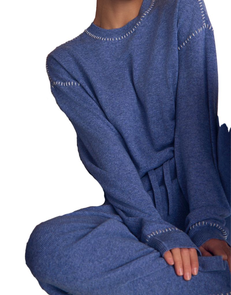 Whip Stitched Crew Neck Sweater Heather Blue