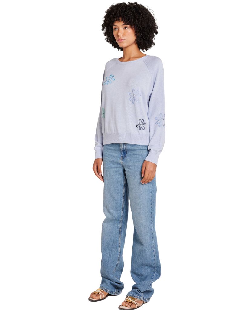 Wispr Scatter Floral Embroidery Crew Frost Blue