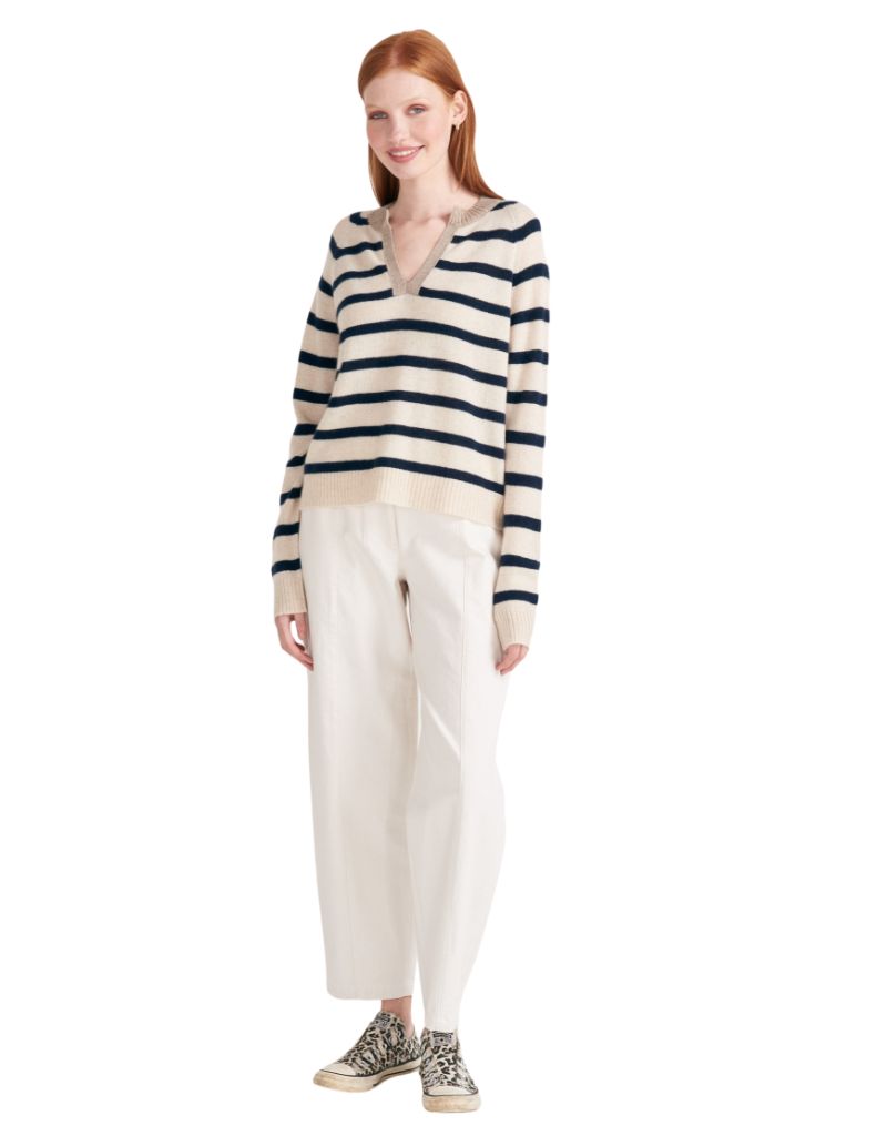 Stripe Open Collar V1 Light Brown Oatmeal Navy