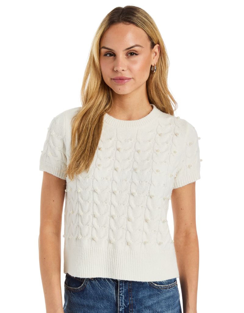 Eloise Short Sleeve Sweater with Pearls Ivory H25