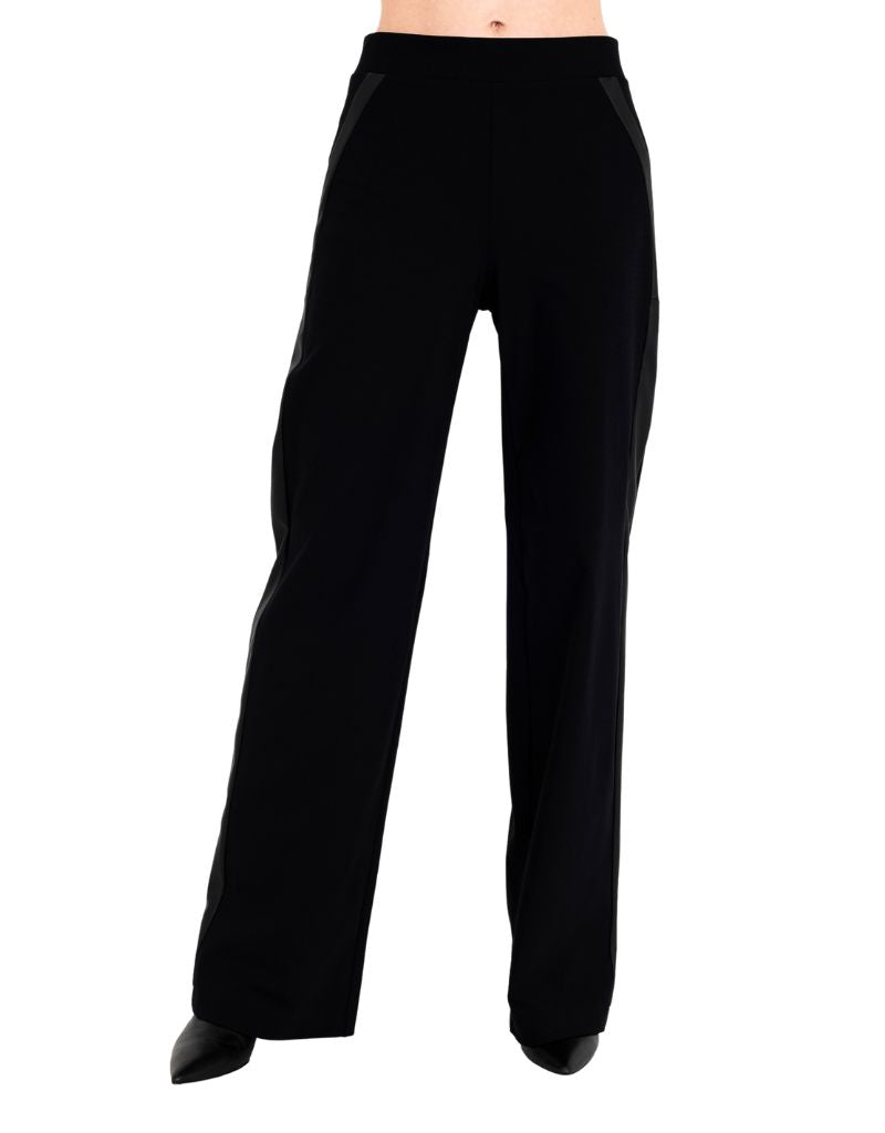 Clovis Tech Stretch Slouchy Pants with Vegan Leather Stripe Black