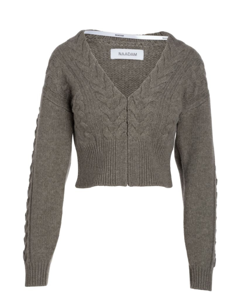 Wool Cashmere Cable Mix Cropped Cardigan Faded Army Green