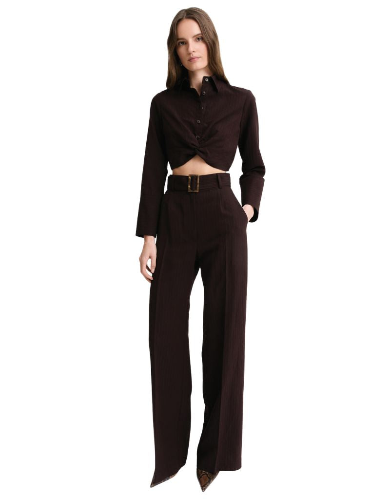 Twist Button Up Chocolate Brown Stripe Viscose F26