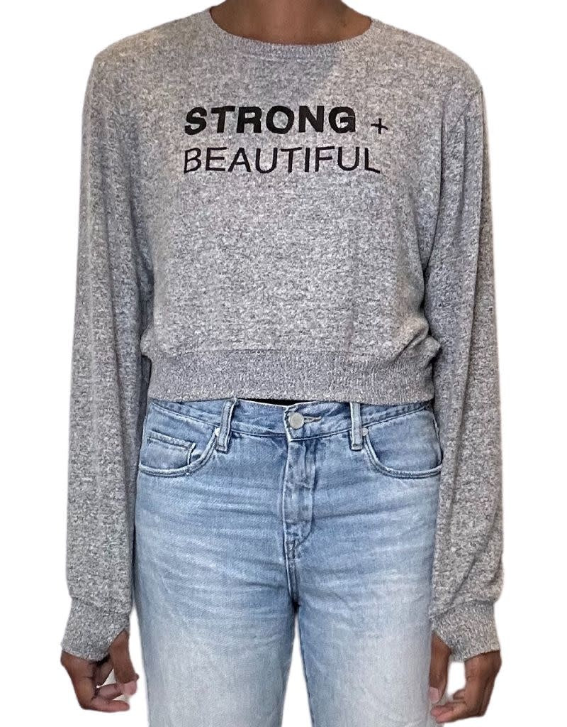 Strong + Beautiful cropped grey sweatshirt with hands at side