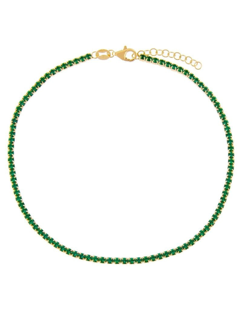 A55537-GRN-2MM-588 Thin Colored Tennis Anklet Emerald Green