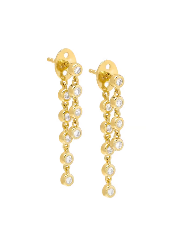 E07219GLD-974 Double Bezel Chain Drop Stud Earring Gold