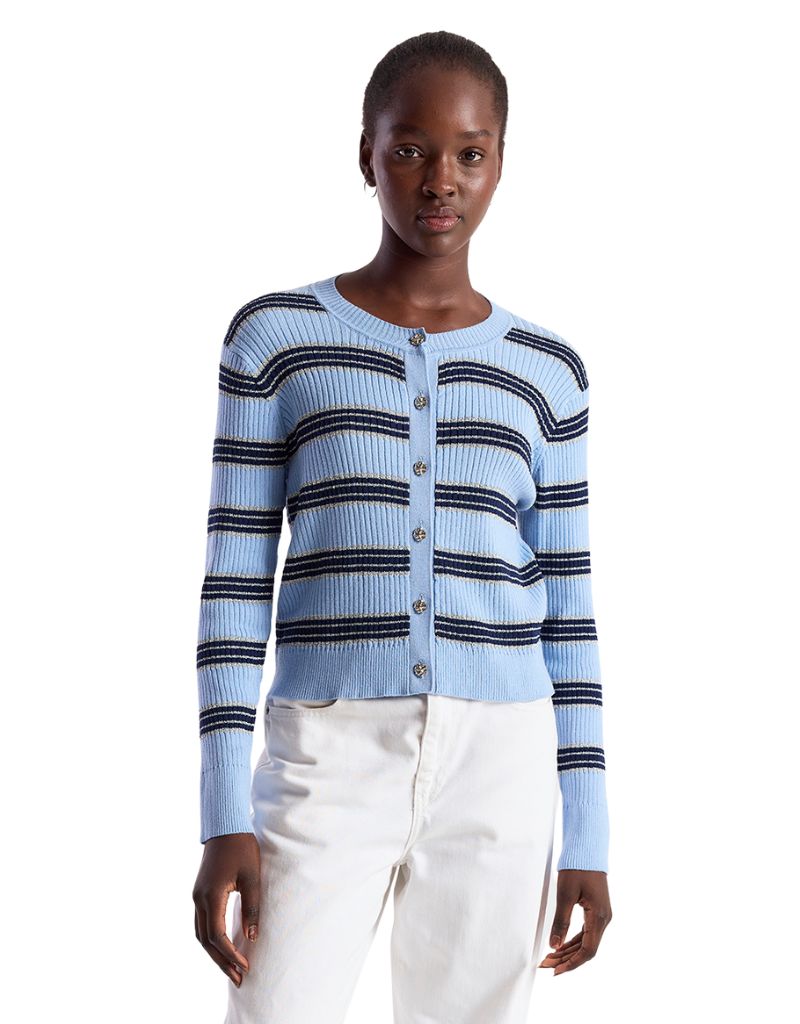 Wispr Stripe Rib Cardigan Skyline Navy Silver Lurex