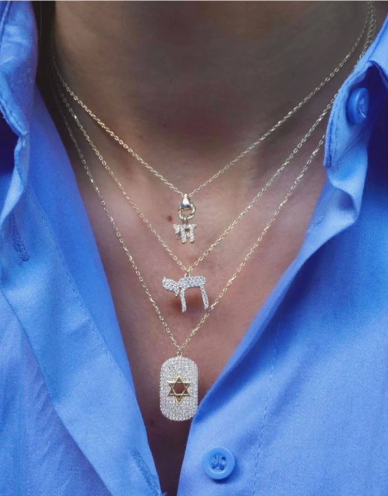 N82196-GLD-5050 Pave Star of David Cutout Dog Tag Necklace Gold