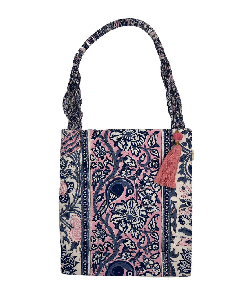 Braided Handle Tote Blue Pink Floral 2