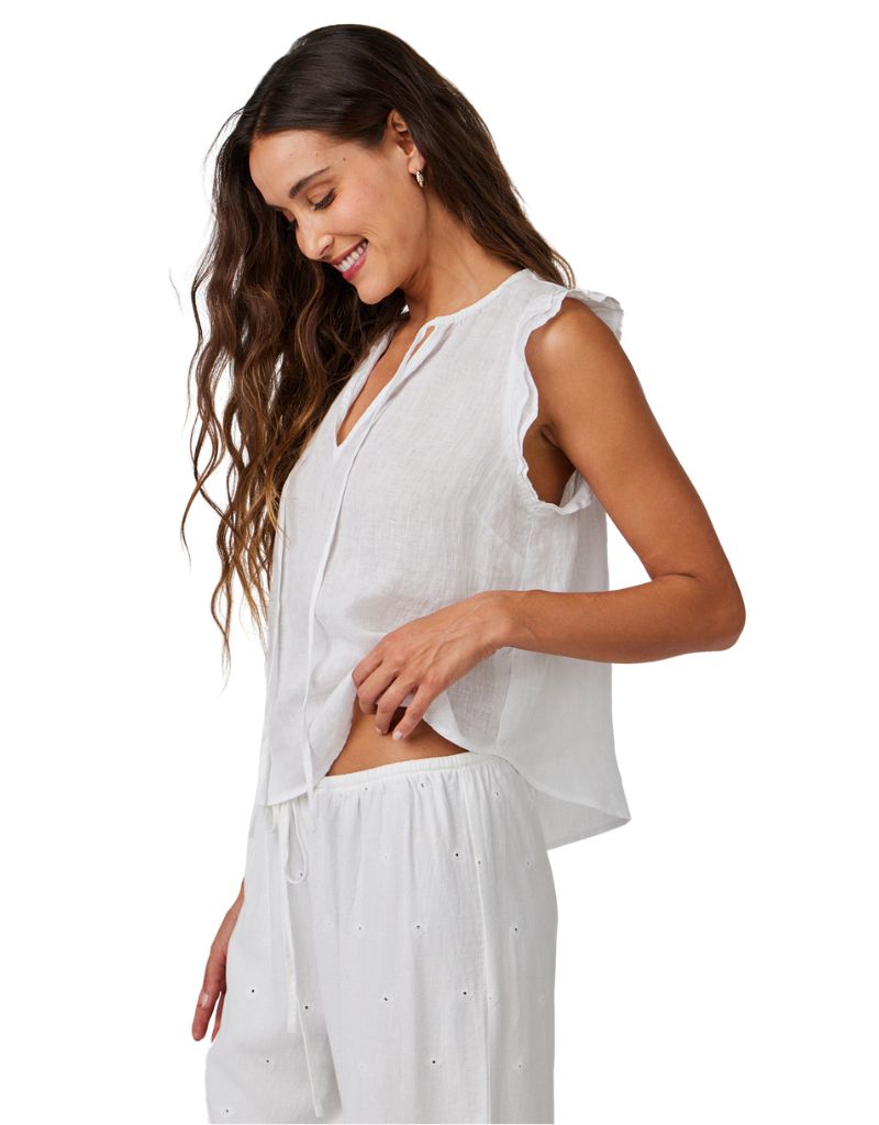Ruffle Sleeve Tie Neck Top White