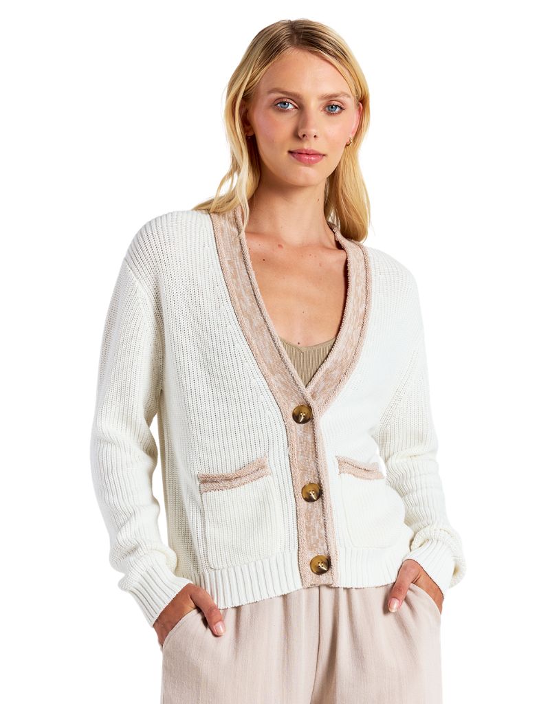 Wispr Contrast Effect Trim Cardigan Ivory Light Brown