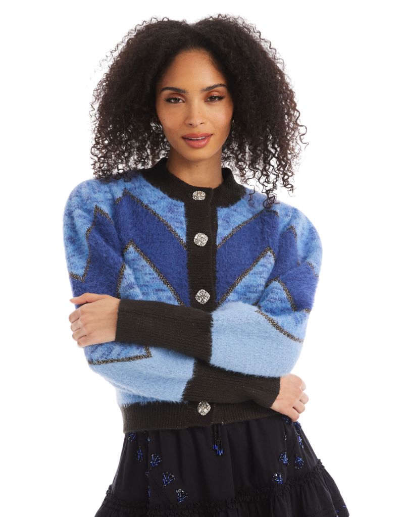 Fuzzy Chevron Cardigan Blue Multi