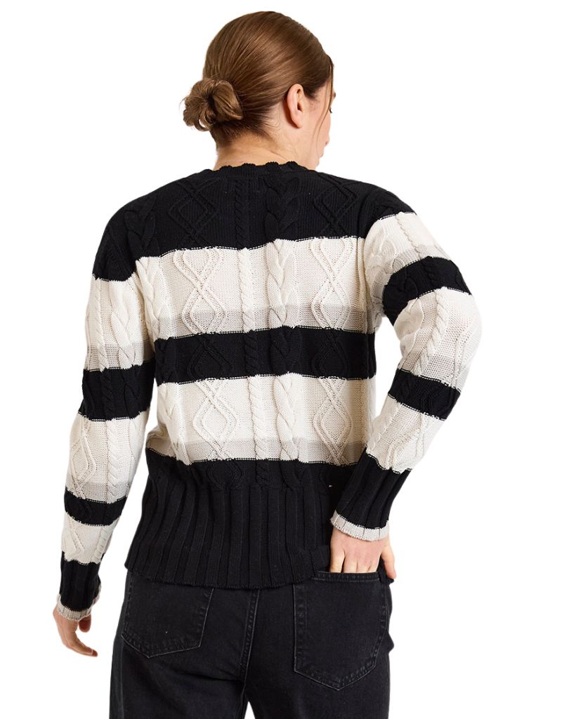 Wispr Cora Cable Stripe Crew Black Ivory Dove