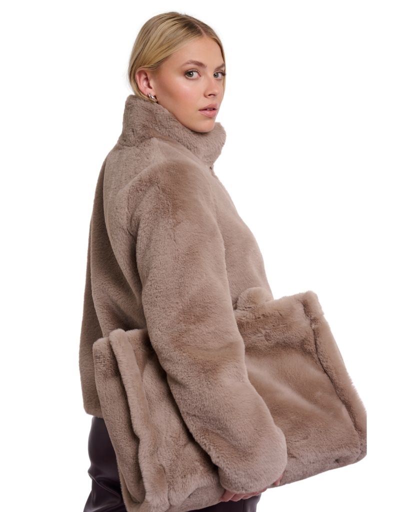 Vie Single Breasted Faux Fur Jacket Mocha Latte F26