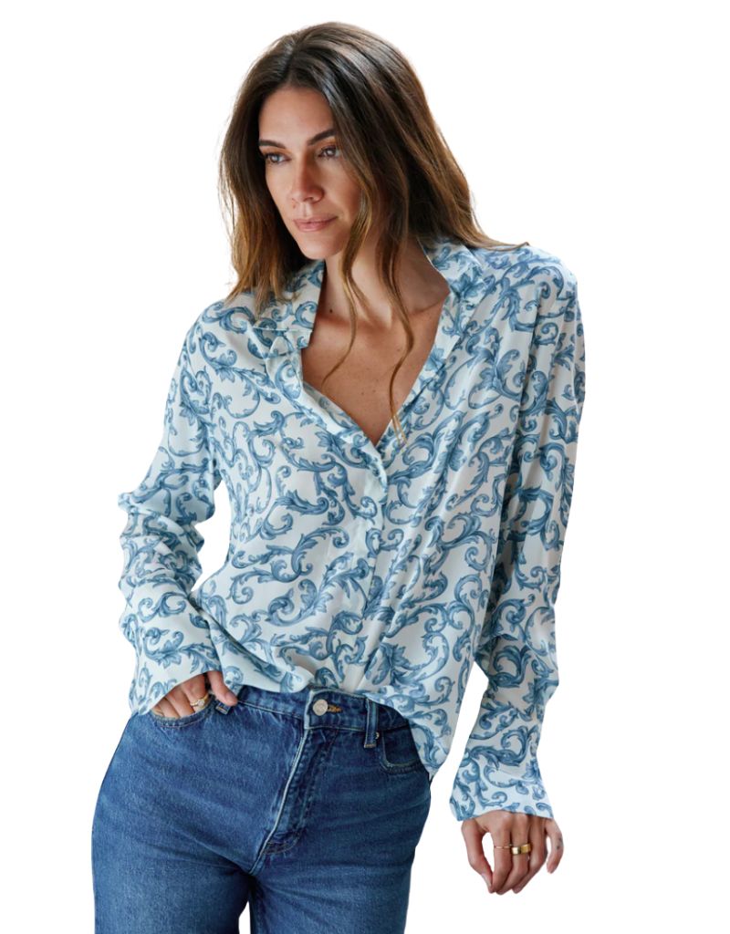 Daria French Cuff Silk Blouse Azulejo