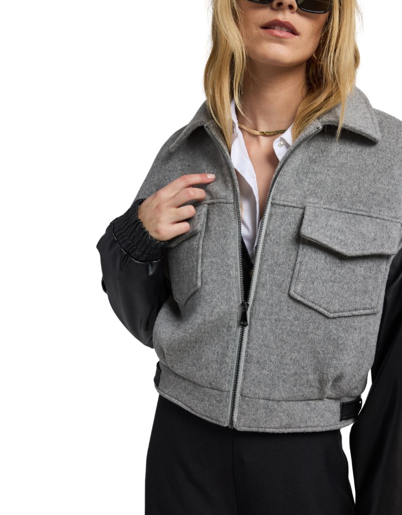 Caspian Wool Vegan Leather Combo Bomber Grey Black