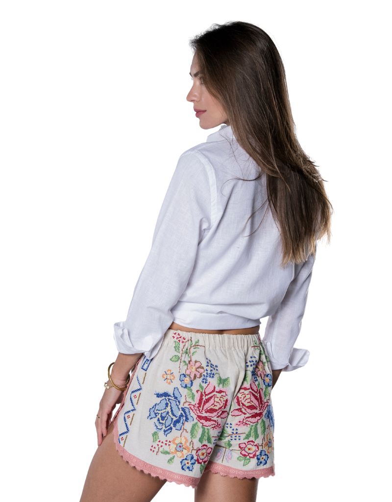 Flower Design Shorts Ecru Su26