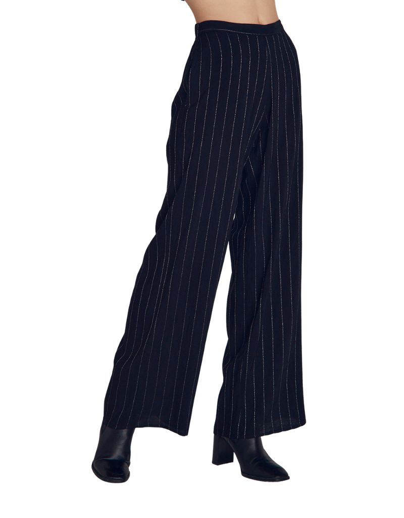 Elastic Back Wide Leg Pant Black Lurex Stripes