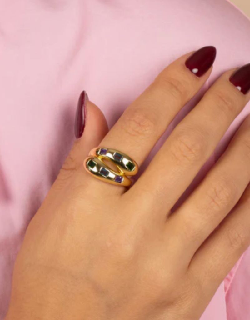 R93062-BRGLD Colored Scattered Baguette Wrap Ring Gold Size 7