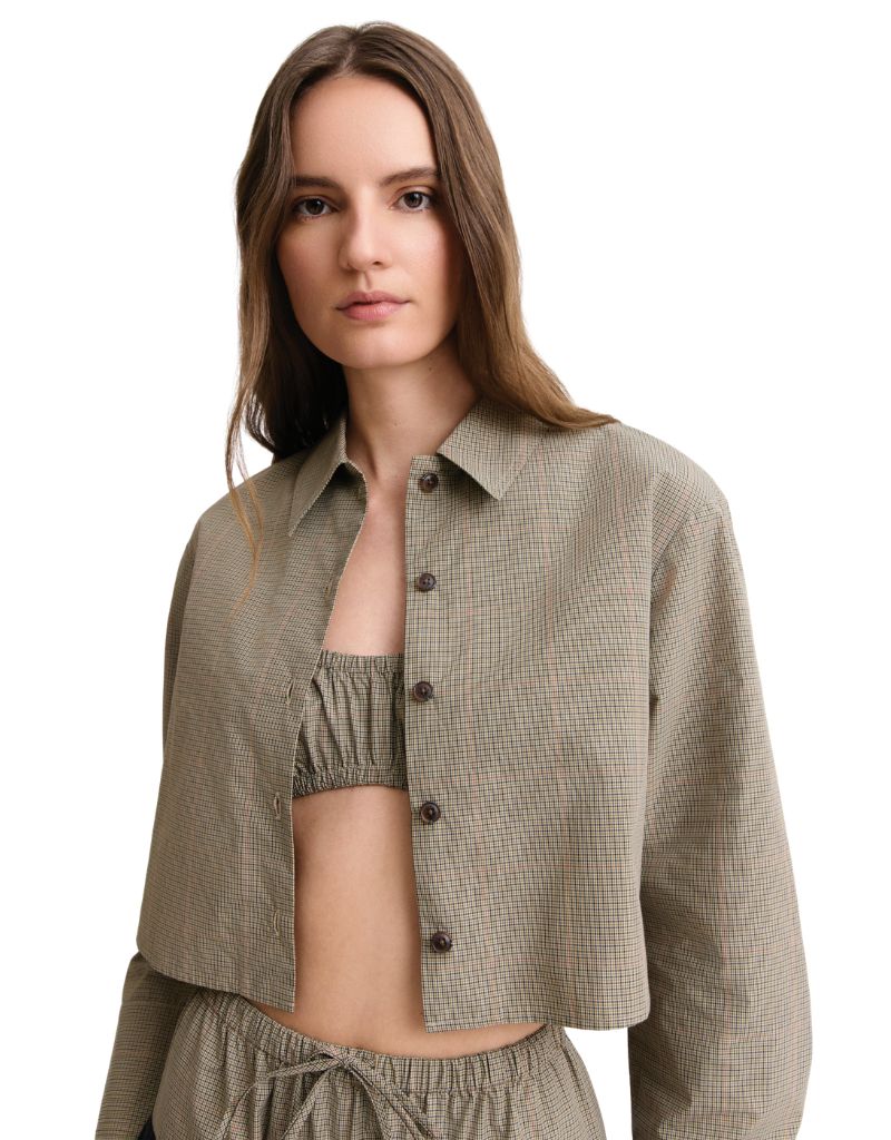 Cropped Oversized Button Down Khaki Plaid F26