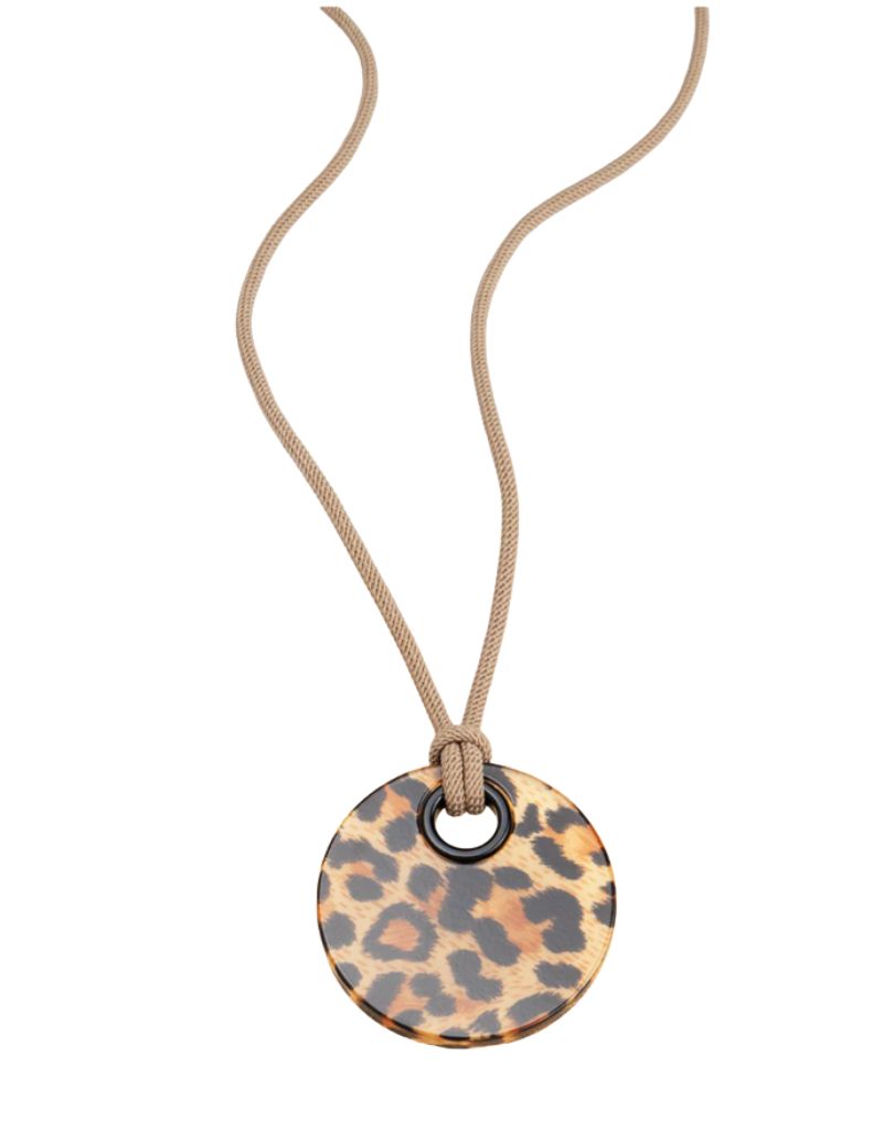 N3007 Leopard Brown Adjustable Disc Pendant Long Necklace