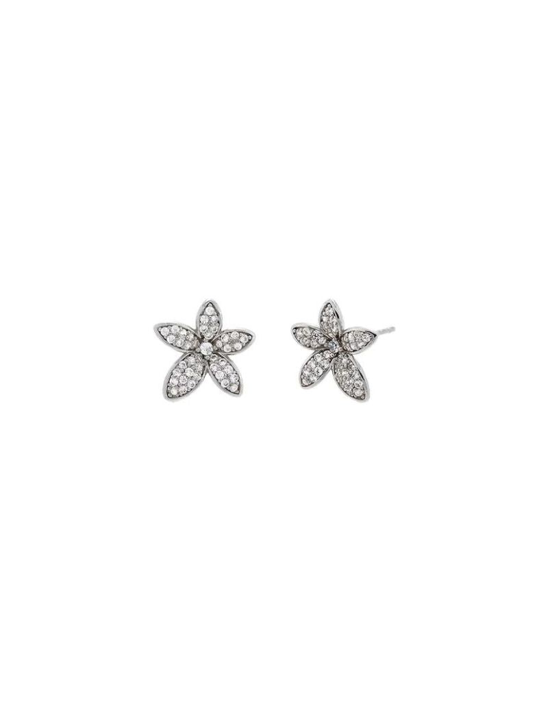 E72175-BRSIL Pave Five Leaf Flower Stud Earring Silver