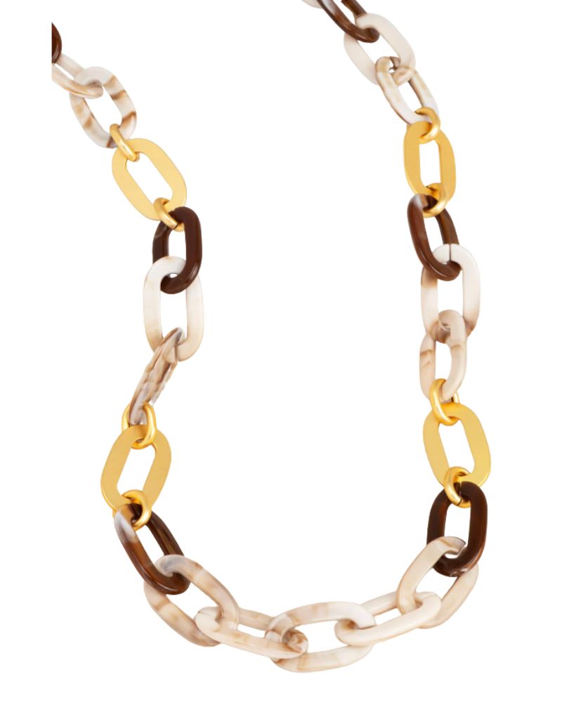 N3011 Beige Marbled Resin & Matte Gold Link Long Necklace
