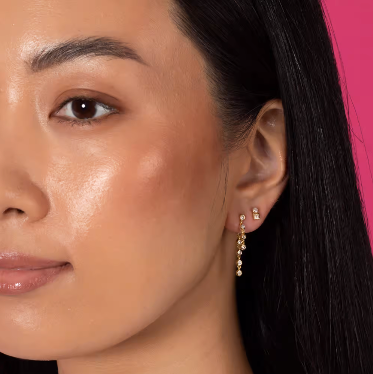 E07219GLD-974 Double Bezel Chain Drop Stud Earring Gold