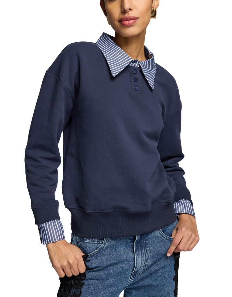 Hallie Poplin Shirt Combo Sweatshirt Midnight Navy Stripe F26