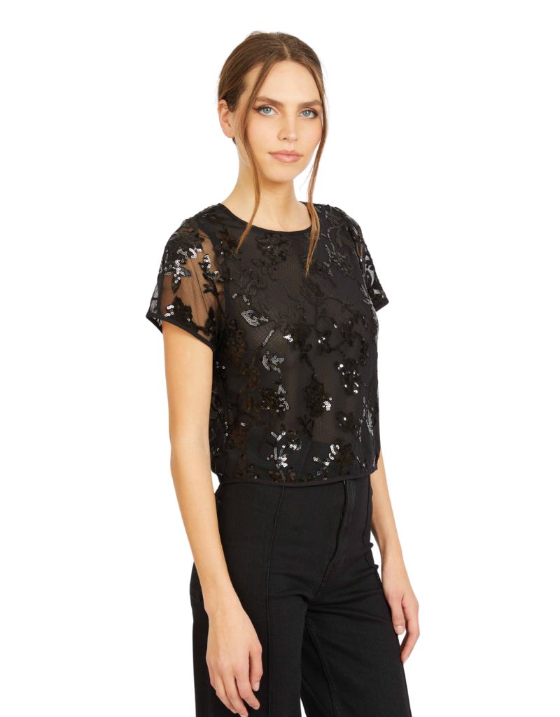 Carmen Top in Black Sequin Lace