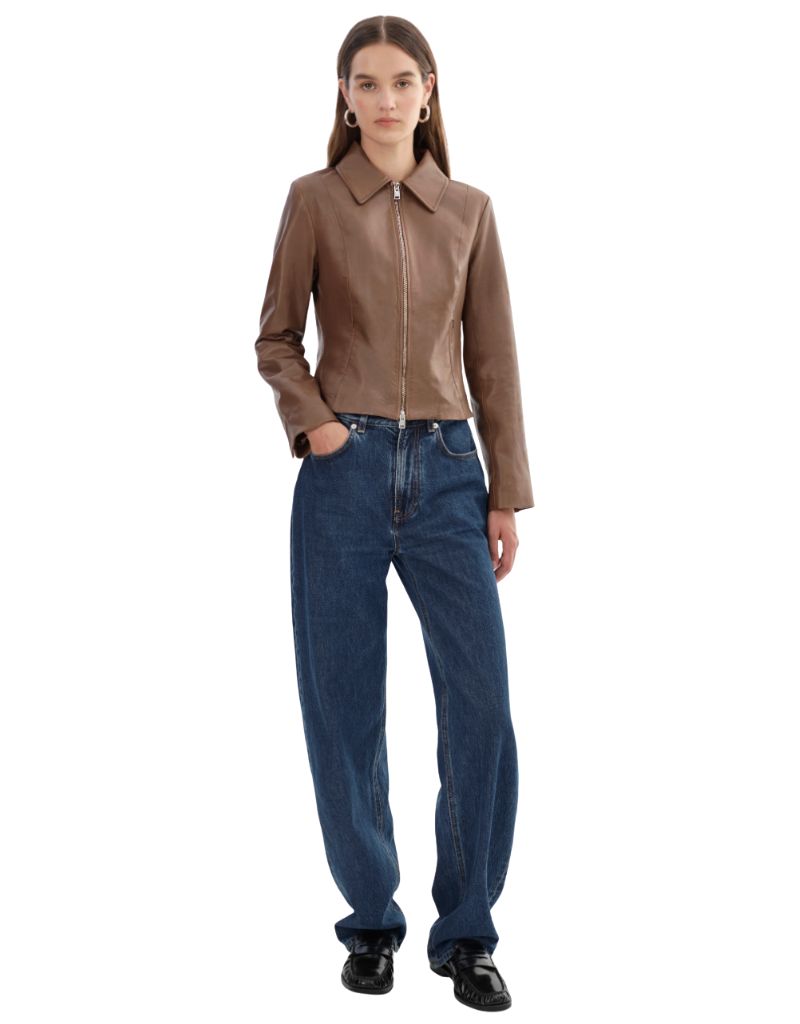 Sally Leather Biker Jacket Tan Heather Grey